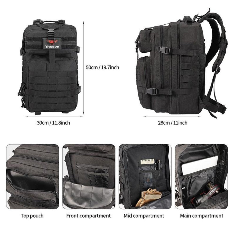 Size and compartment diagram of the black 42L tactical backpack: 50 by 30 by 28 cm with top, front, mid, and main compartments
