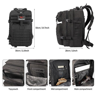 Size and compartment diagram of the black 42L tactical backpack: 50 by 30 by 28 cm with top, front, mid, and main compartments