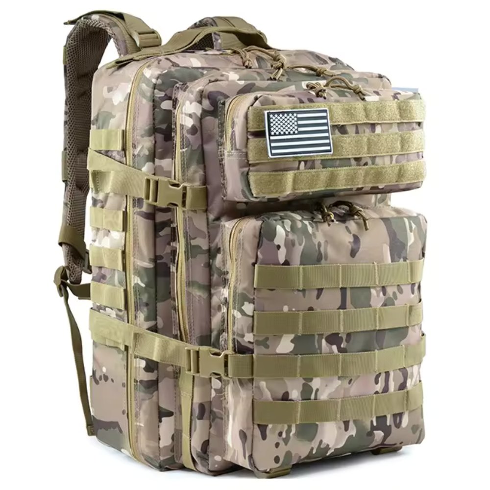 Camo 42 liter tactical backpack bag with a USA flag patch, side view