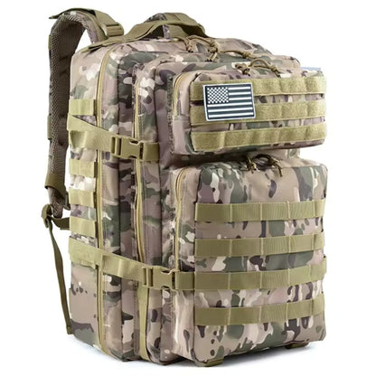 Camo 42 liter tactical backpack bag with a USA flag patch, side view