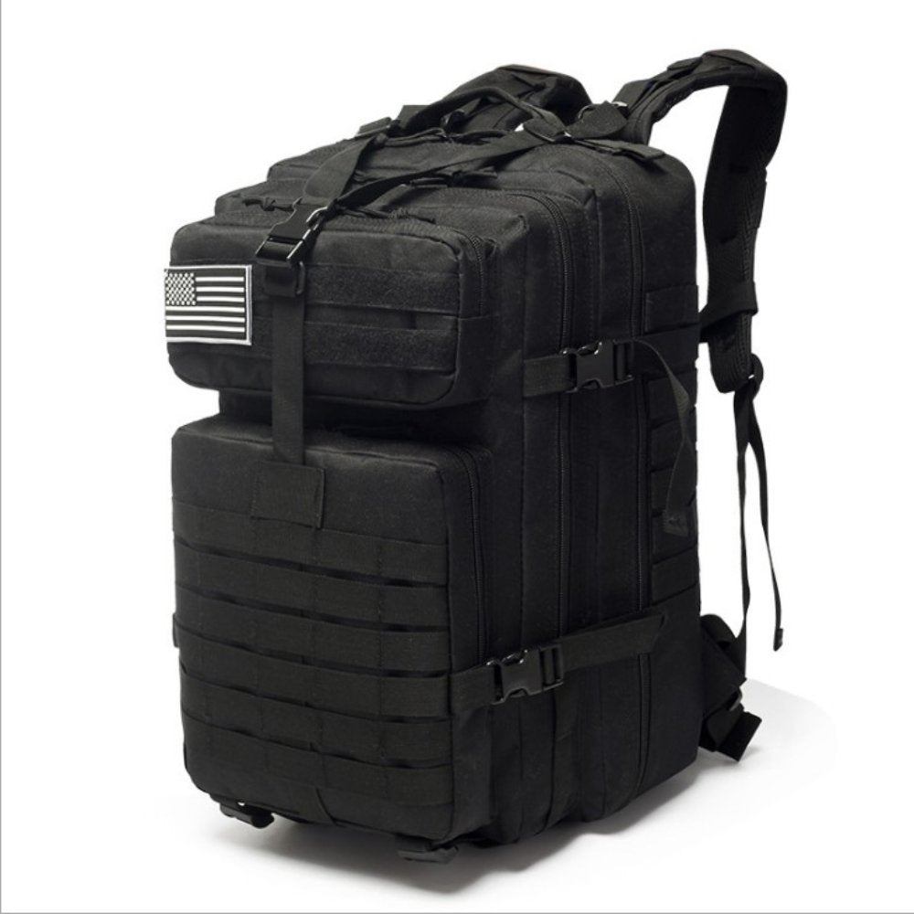 Black 42 liter tactical backpack bag with a gray USA flag patch on the front