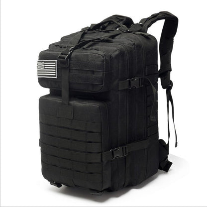 Black 42 liter tactical backpack bag with a gray USA flag patch on the front