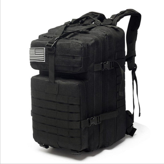 Black 42 liter tactical backpack bag with a gray USA flag patch on the front