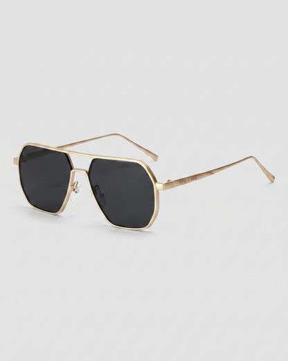 Fifth & Ninth Nola polarized aviator sunglasses with a gold frame and black lenses, angled side view