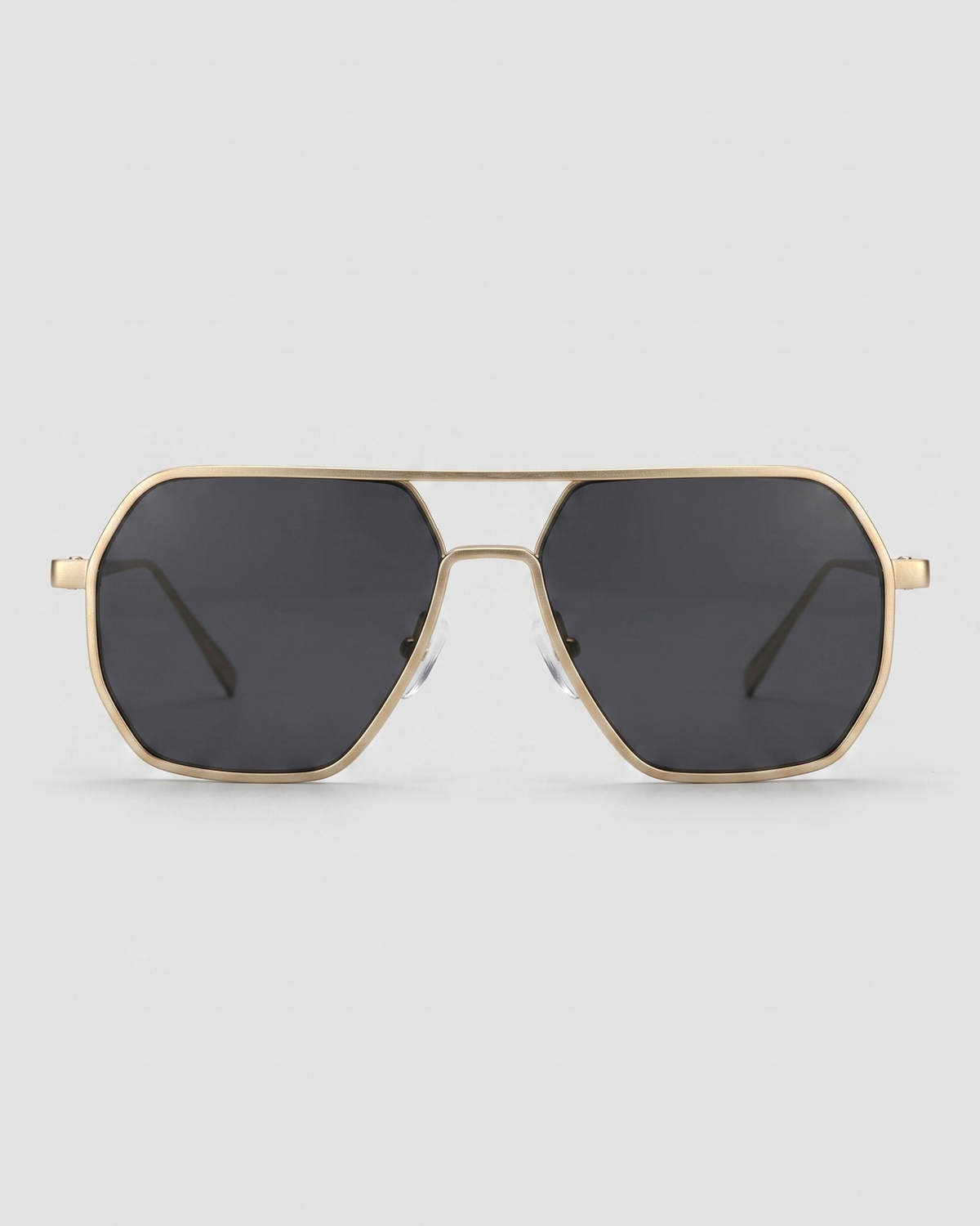 Fifth & Ninth Nola polarized aviator sunglasses with a gold frame and black lenses, front view