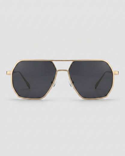Fifth & Ninth Nola polarized aviator sunglasses with a gold frame and black lenses, front view