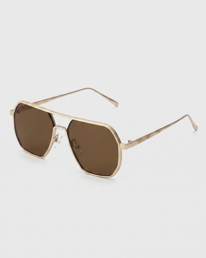 Fifth & Ninth Nola polarized aviator sunglasses with a gold frame and brown lenses, angled side view