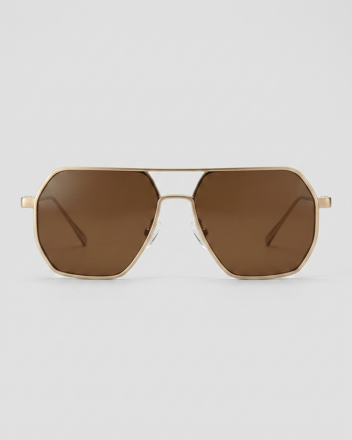 Fifth & Ninth Nola polarized aviator sunglasses with a gold frame and brown lenses, front view