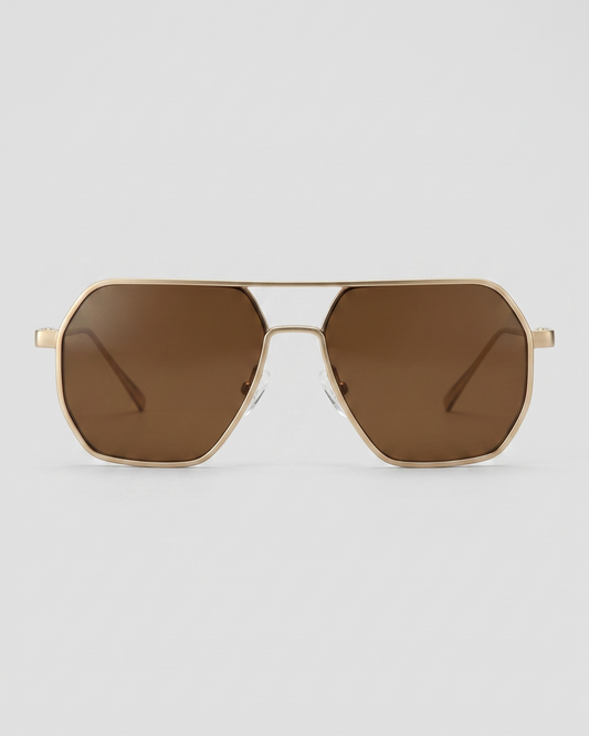 Fifth & Ninth Nola polarized aviator sunglasses with a gold frame and brown lenses, front view