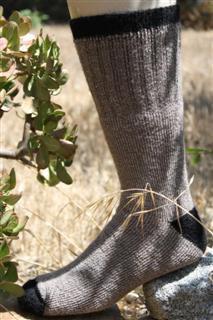 Charcoal OutdoorAdventure alpaca sock with black trim worn standing on a rock outdoors