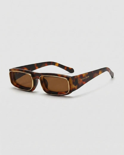 Fifth & Ninth Rae matte tortoise rectangular polarized sunglasses with gold trim and brown lenses, angled side view
