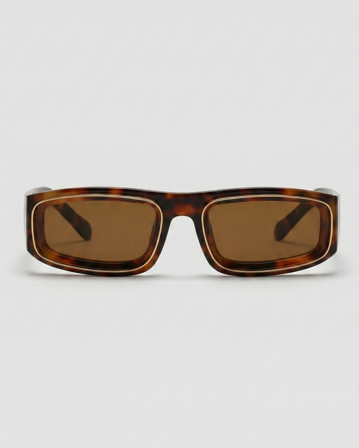 Fifth & Ninth Rae matte tortoise rectangular polarized sunglasses with gold trim and brown lenses, front view