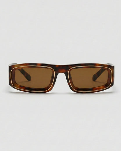 Fifth & Ninth Rae matte tortoise rectangular polarized sunglasses with gold trim and brown lenses, front view