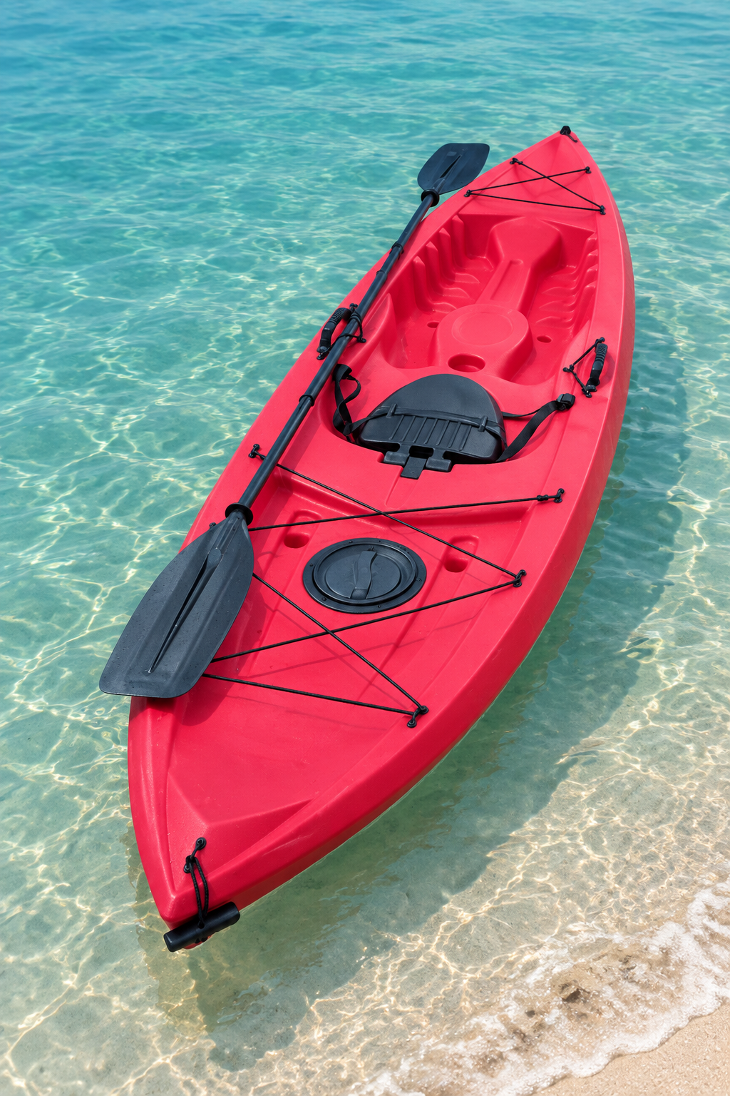 Red kayak floating near a sandy Florida shoreline