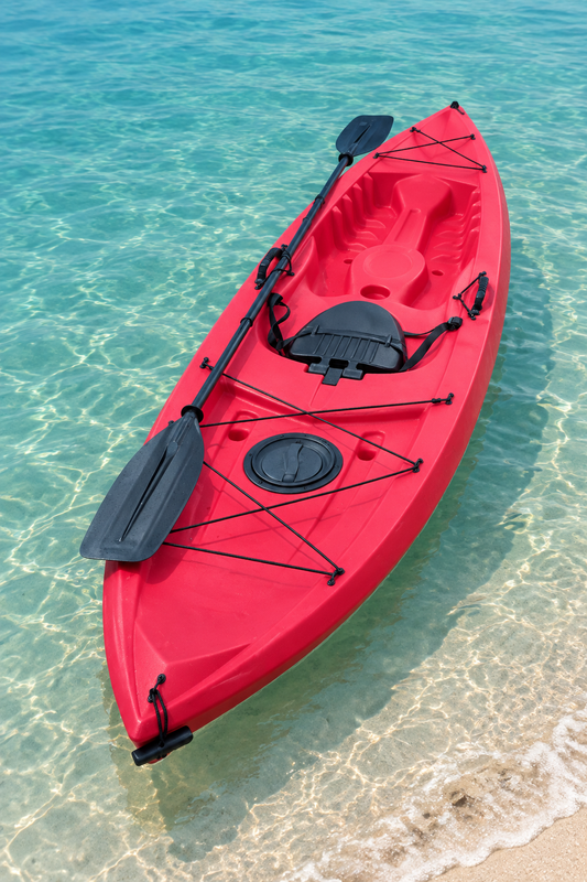 Red kayak floating near a sandy Florida shoreline