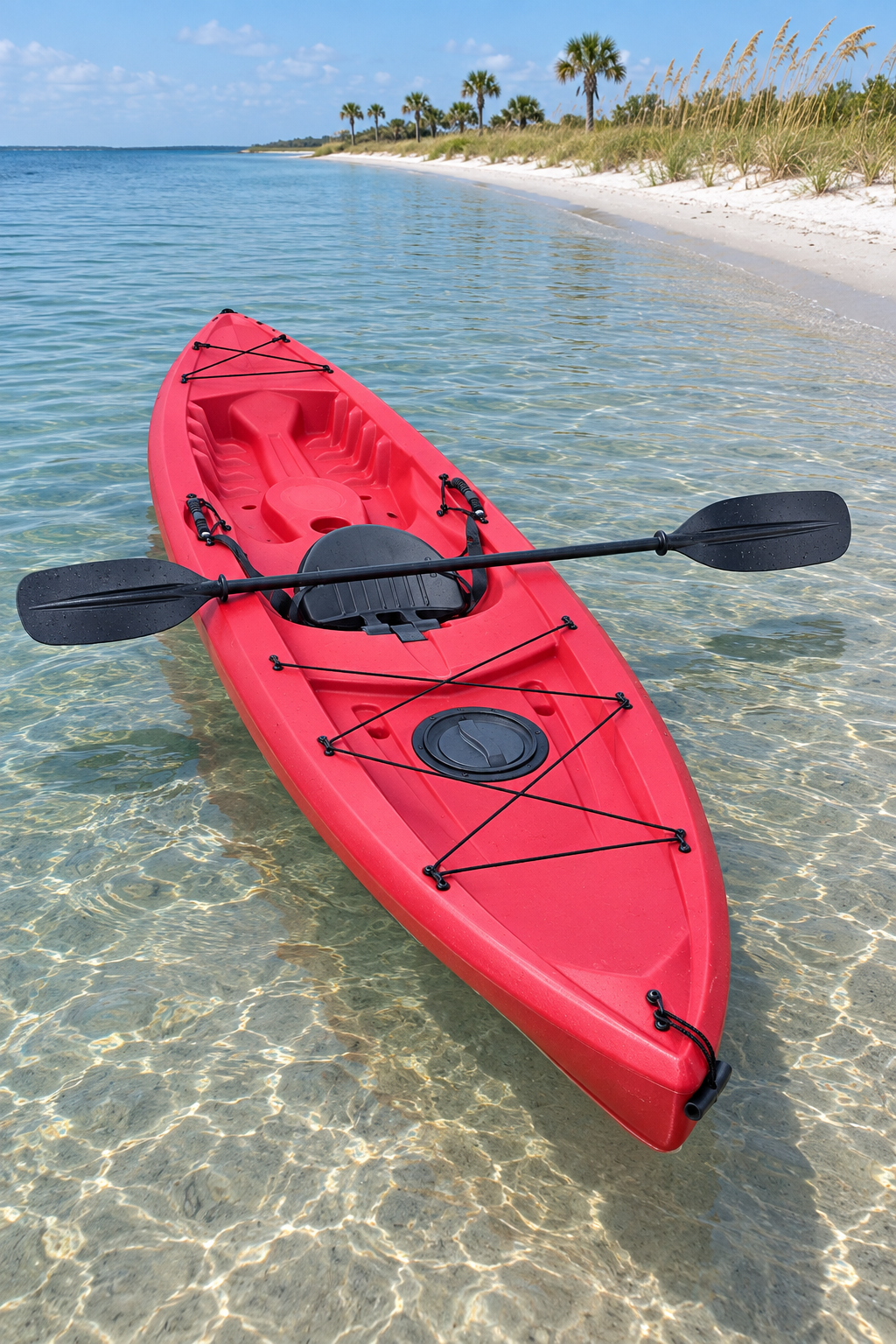 Red kayak on calm water beside a sandy shoreline