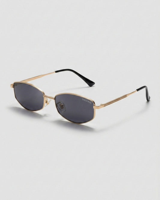 Fifth & Ninth Rowan polarized sunglasses with a gold geometric frame and dark lenses, angled side view