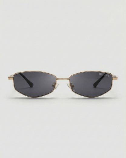 Fifth & Ninth Rowan polarized sunglasses with a gold geometric frame and dark lenses, front view