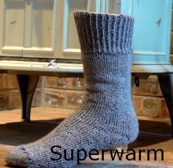 Gray knit Superwarm alpaca sock standing upright with a Superwarm text overlay