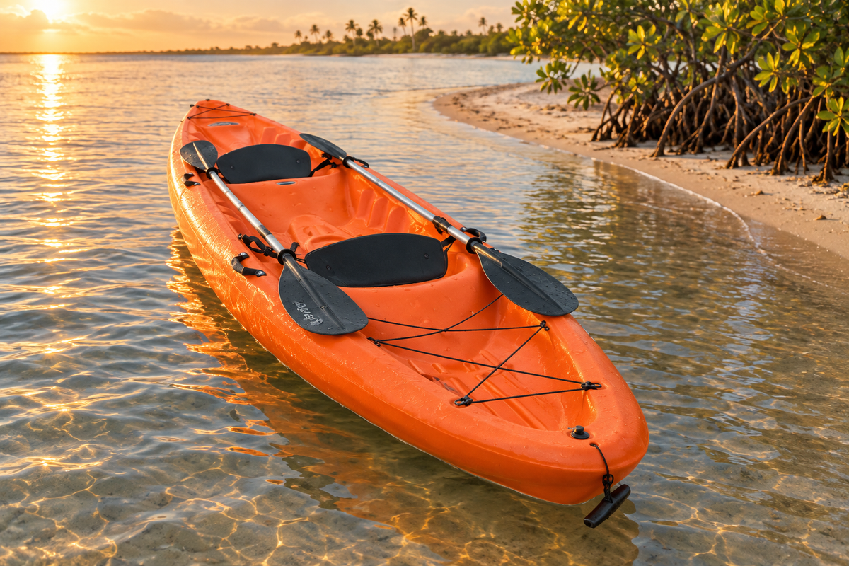 Tandem kayak floating in a golden-hour sandy cove