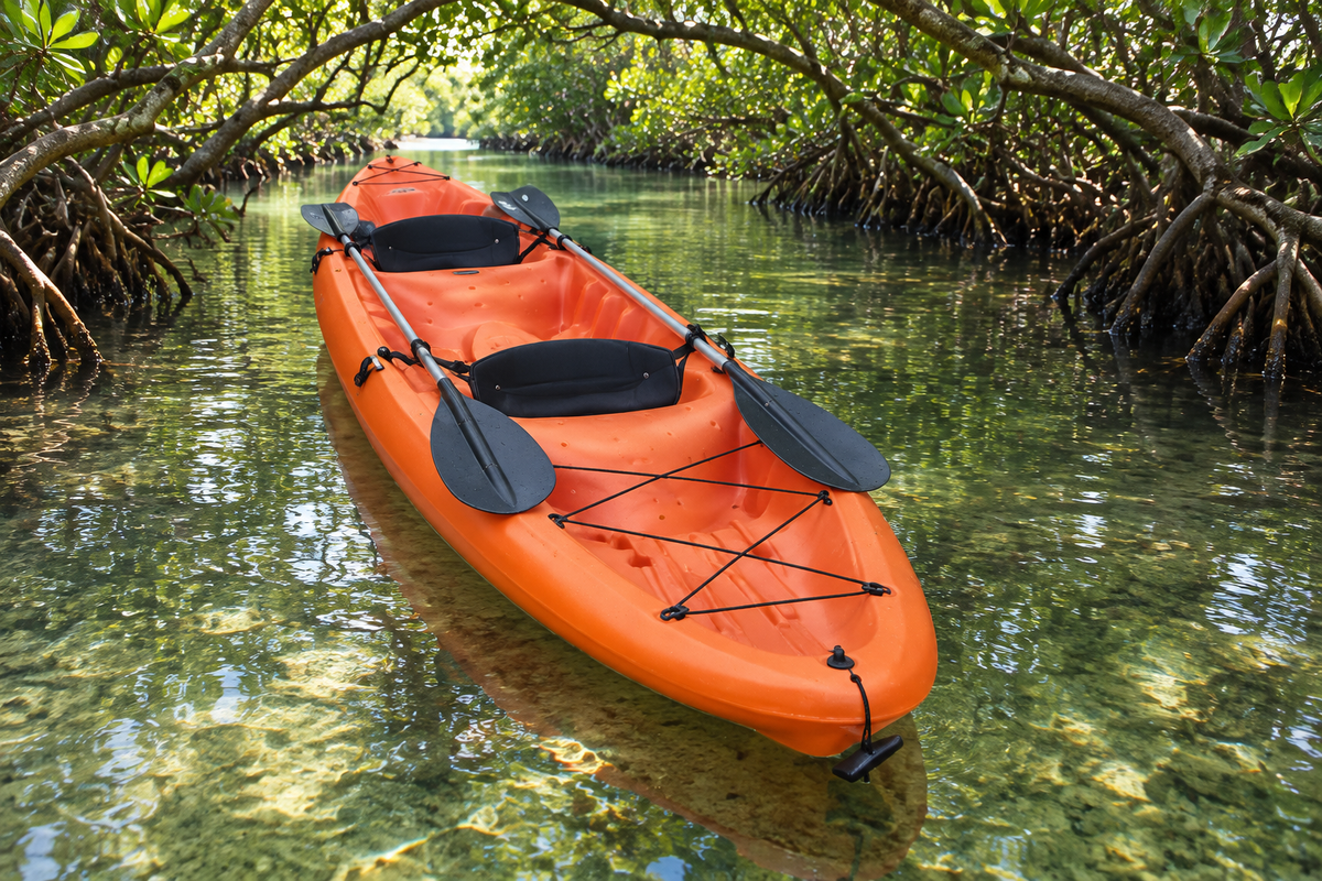 Tandem kayak floating in a mangrove tunnel