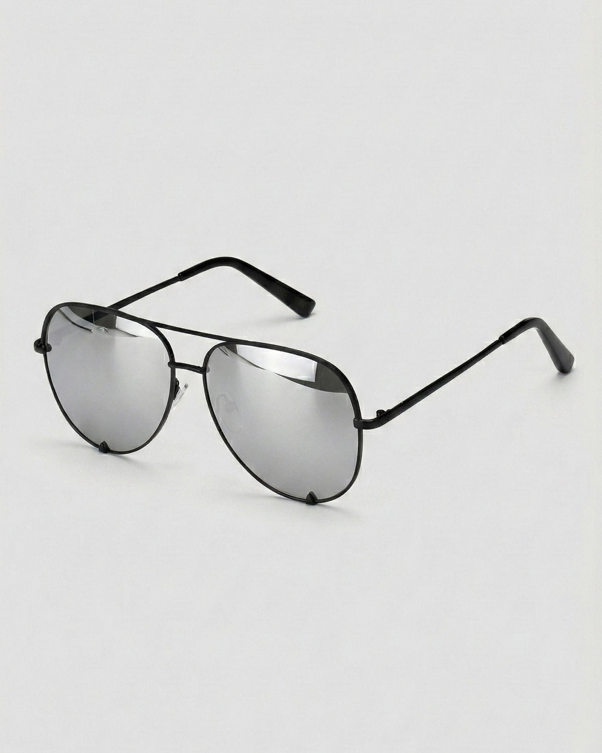 Fifth & Ninth Walker polarized aviator sunglasses with a black frame and silver mirrored lenses, angled side view