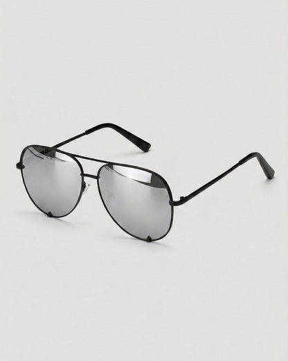 Fifth & Ninth Walker polarized aviator sunglasses with a black frame and silver mirrored lenses, angled side view