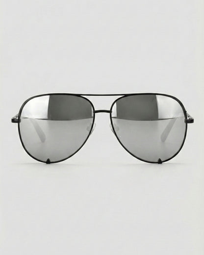 Fifth & Ninth Walker polarized aviator sunglasses with a black frame and silver mirrored lenses, front view